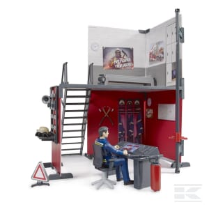 The Bruder bworld Fire station with fireman - U62702 includes two levels, a firefighter figurine seated at a command desk, firefighting equipment, stairs, and a poster on the wall. This set also features various accessories in a red-themed setting and comes with a Scale 1:16 Landrover car for realistic emergency scenarios.