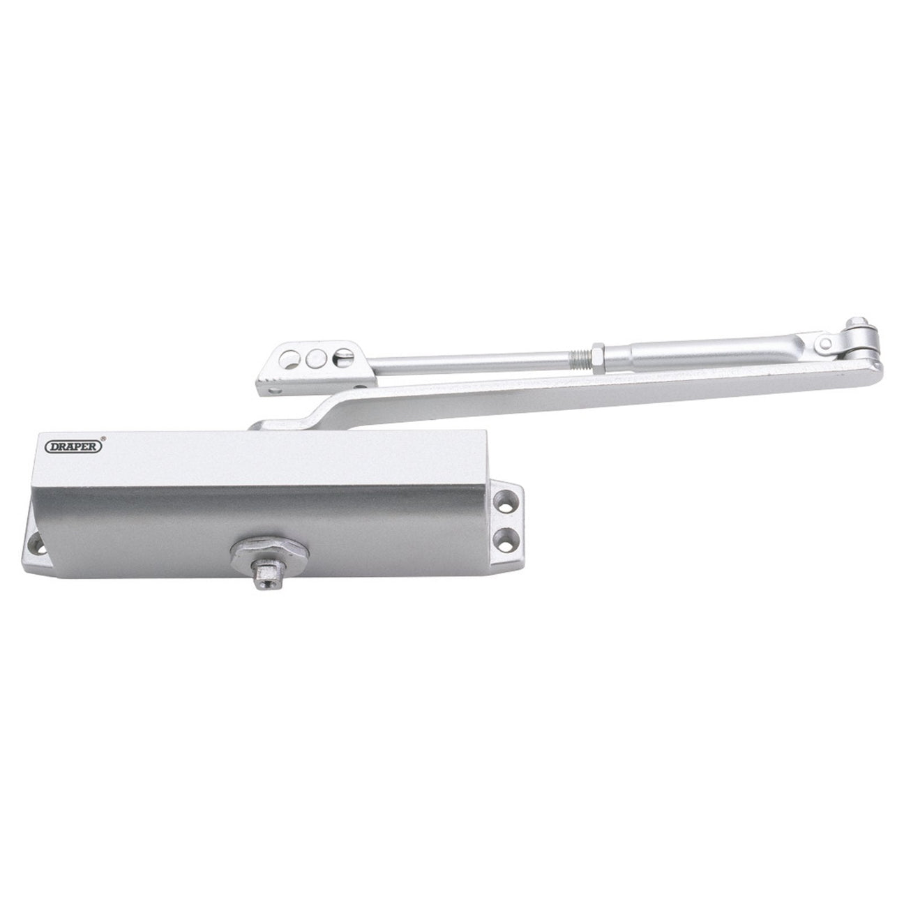 The Draper Adjustable Automatic Door Closer for doors between 40kg and 65kg (DC 40/65) is a silver device with an adjustable arm and latch close speed adjusters, designed for controlled and automatic door closure.