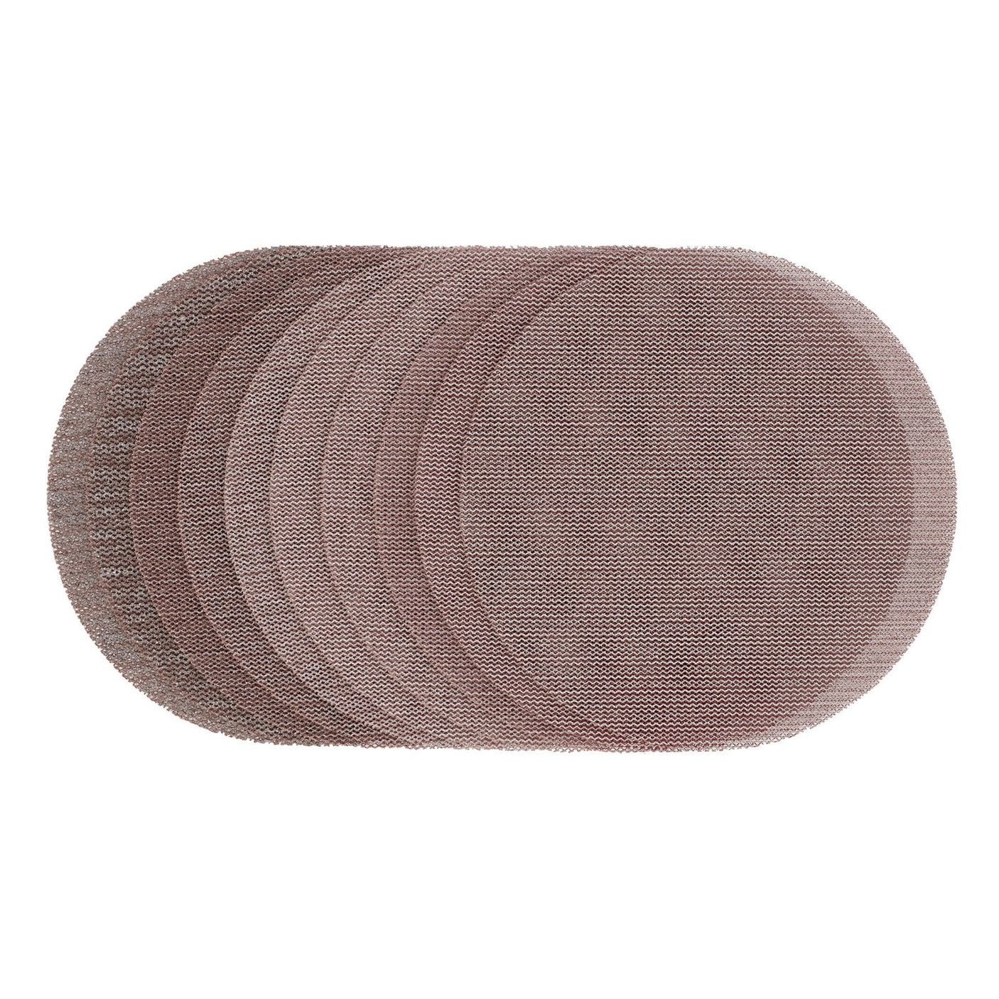 A set of Draper Expert Quality Mesh Sanding Discs, each 150mm in diameter and assorted into grits of 80G, 120G, 180G, and 240G (Pack of 10) - SDMSH150, arranged in a stack and viewed from above.