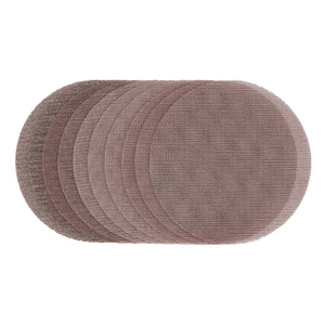 A set of Draper Expert Quality Mesh Sanding Discs, each 150mm in diameter and assorted into grits of 80G, 120G, 180G, and 240G (Pack of 10) - SDMSH150, arranged in a stack and viewed from above.