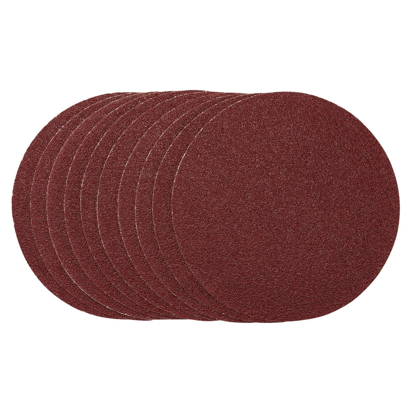 A set of Draper Sanding Discs, 150mm, Psa, 40 Grit (Pack Of 10) - SDPSA150 with a coarse, reddish-brown aluminium oxide surface and heavy-duty E-Weight backing, arranged slightly overlapping.