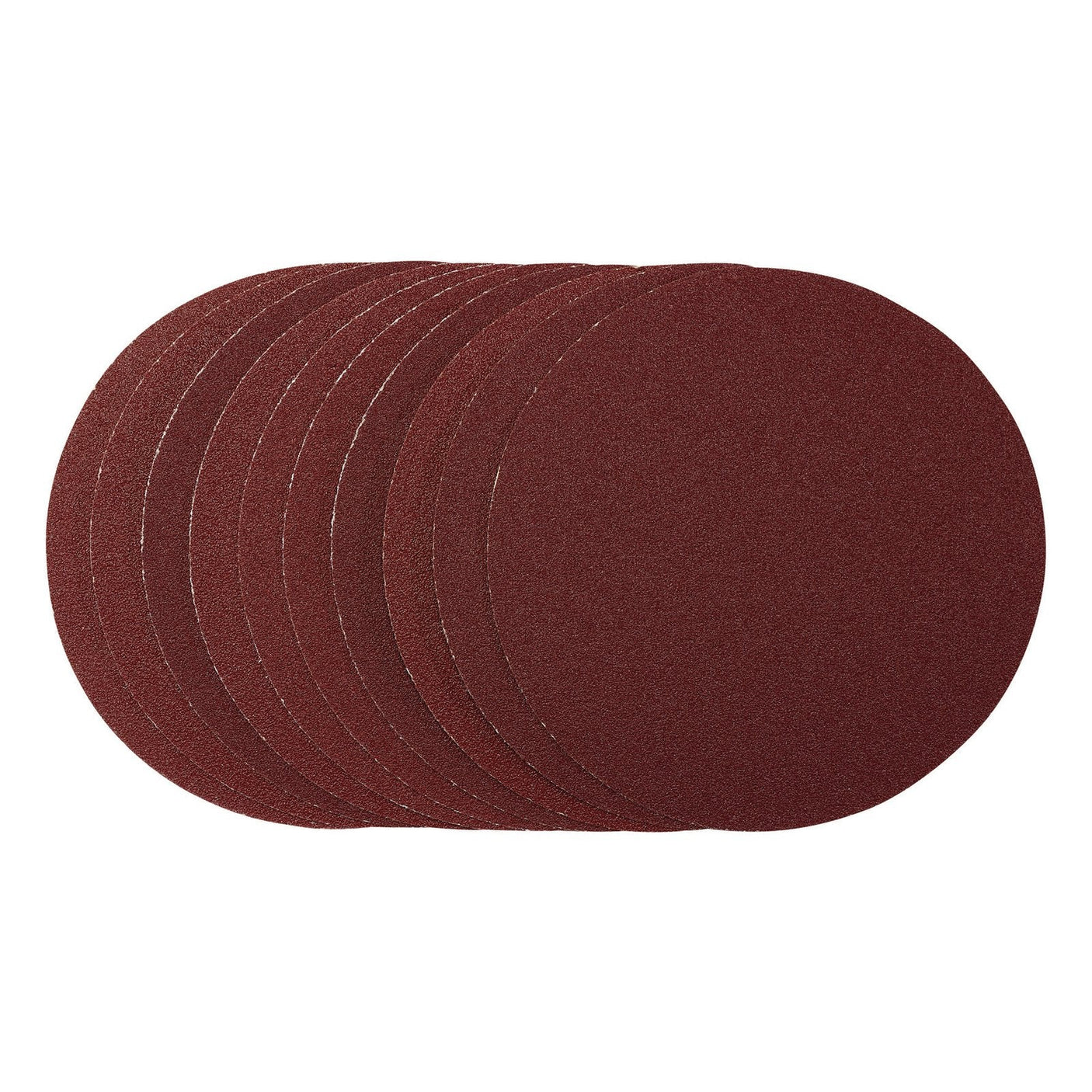 A set of ten Draper 150mm round, brown aluminium oxide sanding discs with PSA backing (80 grit), arranged in a slightly overlapping pattern.