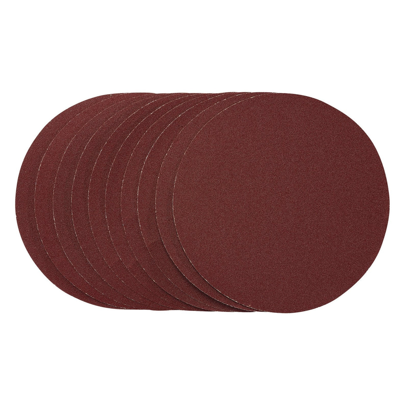 A pack of ten round, brown Draper Sanding Discs (SDPSA150), 150mm in diameter and 120 grit, with E-Weight backing paper arranged in a slight arc.