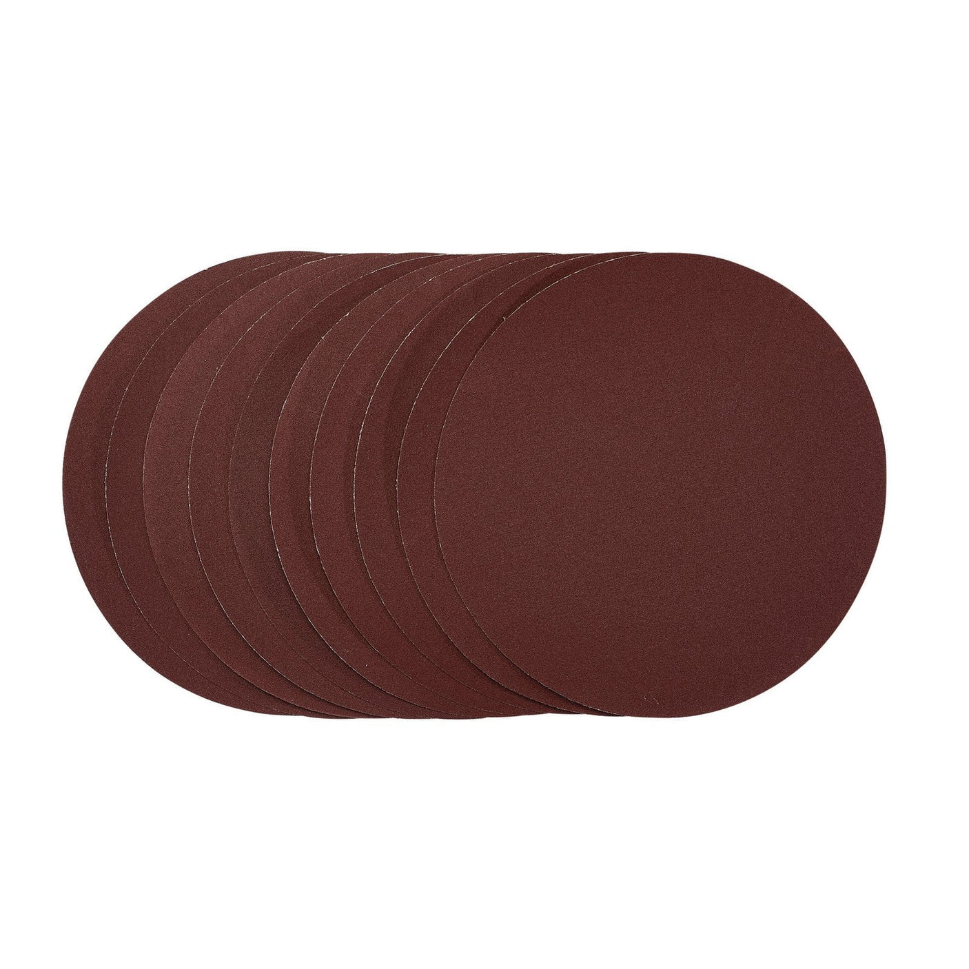 A stack of Draper sanding discs, each 150mm in diameter and featuring 240 grit aluminium oxide, arranged in a slightly fanned-out manner. These come in a pack of 10 with the product code SDPSA150.