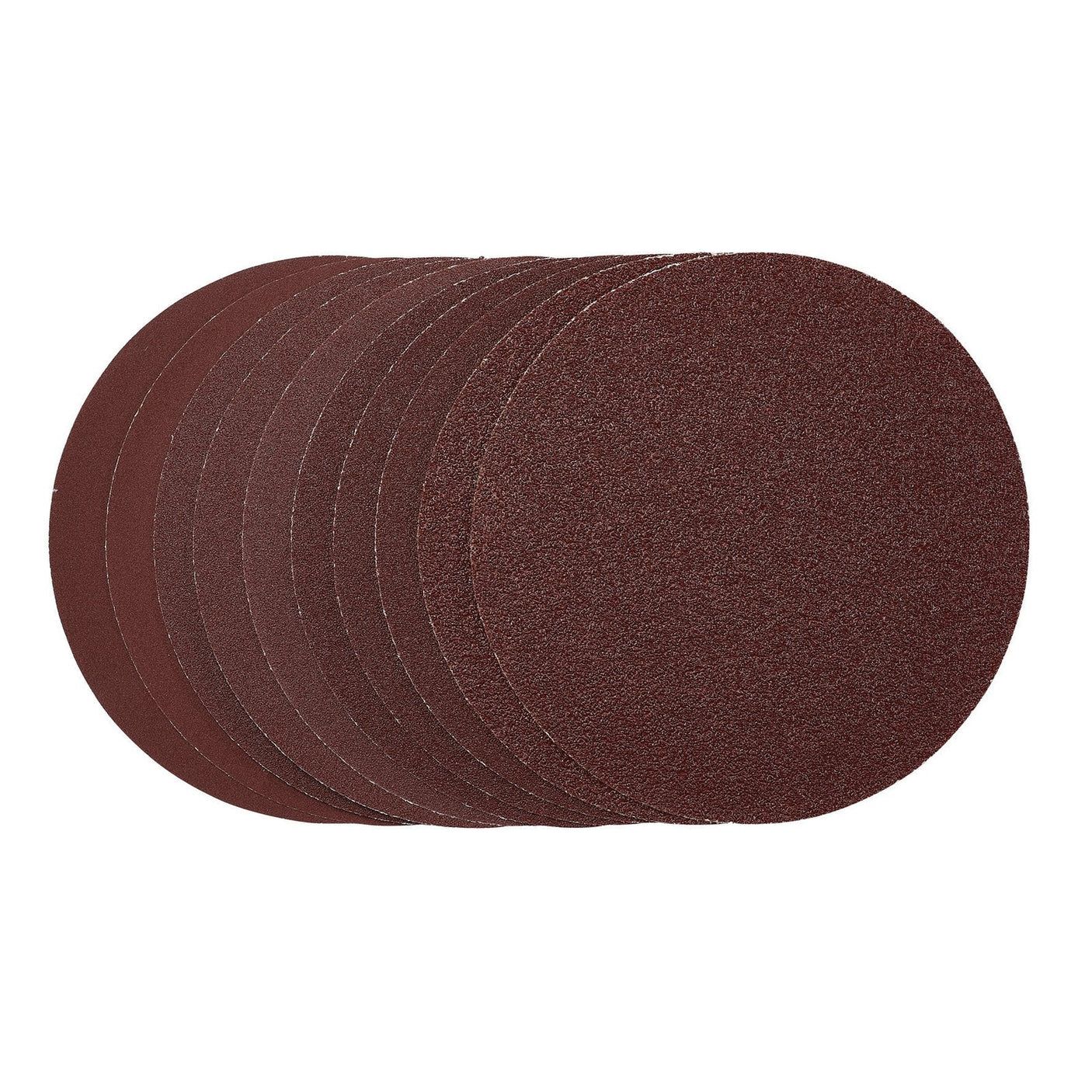 A slightly fanned-out stack of eight Draper Sanding Discs, 150mm in diameter with PSA backing, showcases the round, brown aluminium oxide abrasives.