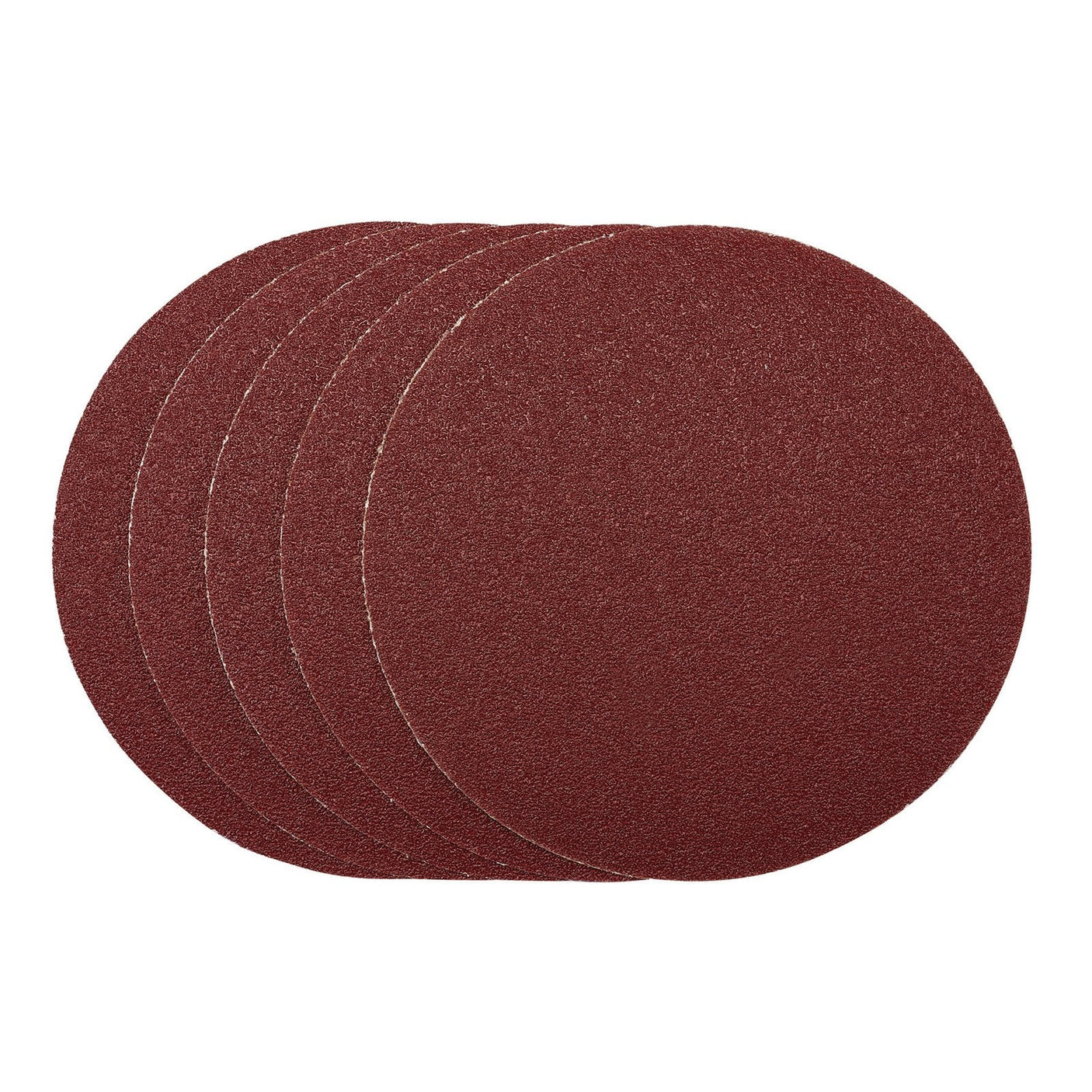 Five Draper Sanding Discs, 200mm, PSA, 40 Grit (Pack Of 5) - SDPSA200 are stacked slightly offset against a white background. Designed for 200mm bench sanders, these self-adhesive PSA discs ensure a firm grip during operation.