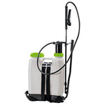 A Draper Knapsack Pressure Sprayer, 12L - PS12K, featuring a white body with black straps, green caps, a high-performance pump, and an adjustable spray pattern connected to a handheld nozzle.