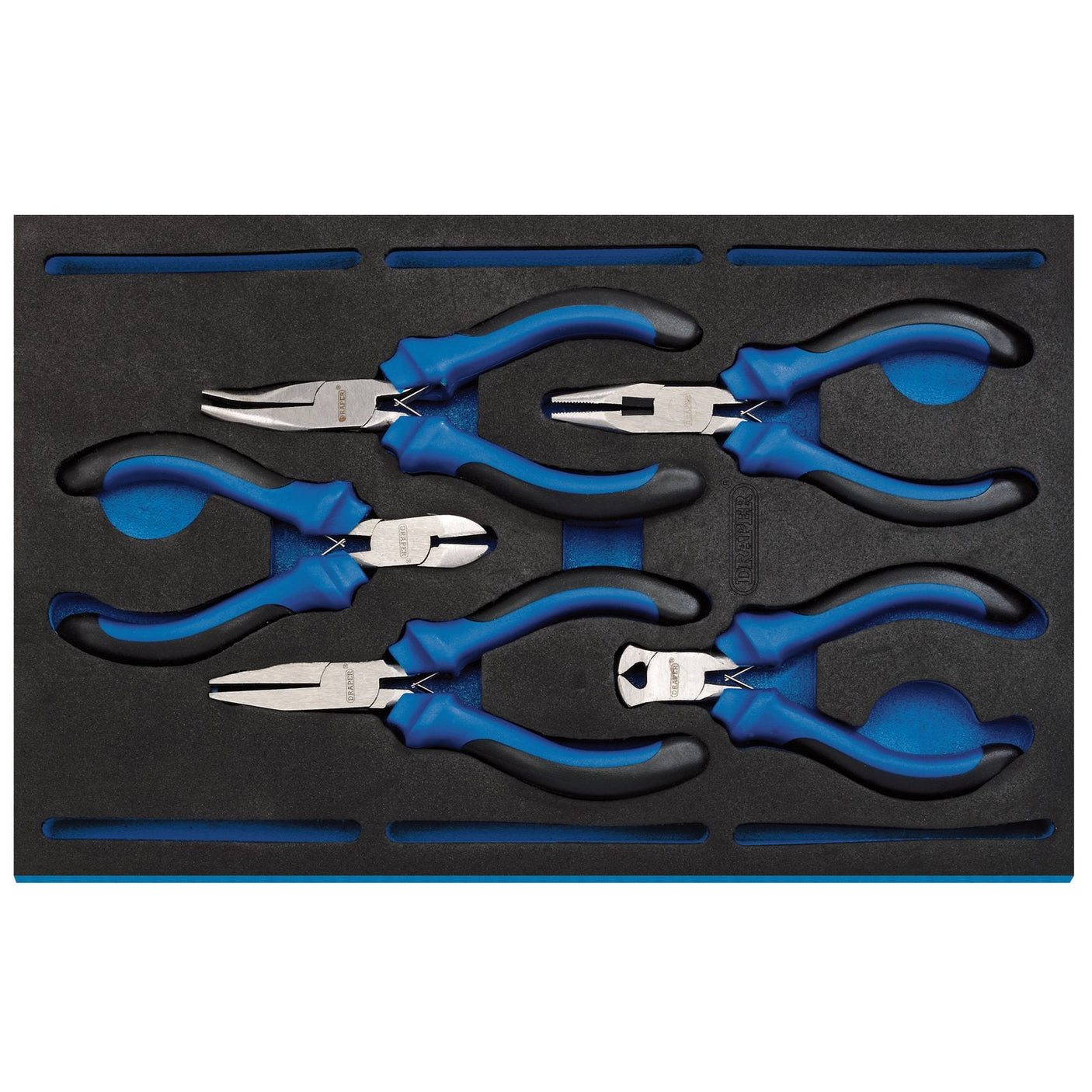 The Draper Precision Plier Set In 1/4 Drawer EVA Insert Tray (5 Piece) - IT-EVA3 features five meticulously arranged blue-handled precision pliers with soft grip handles on a black EVA insert tray. The collection includes essential tools such as needle-nose and diagonal-cutting pliers.