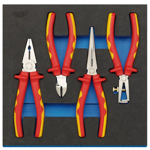 The Draper Vde Approved Fully Insulated Plier Set In 1/2 Drawer Eva Insert Tray (4 Piece) - IT-EVA4 includes four VDE insulated hand tools: combination pliers, snipe nose pliers, diagonal cutters, and a wire stripper. Each tool features red and yellow insulated soft grip handles for comfort and durability.