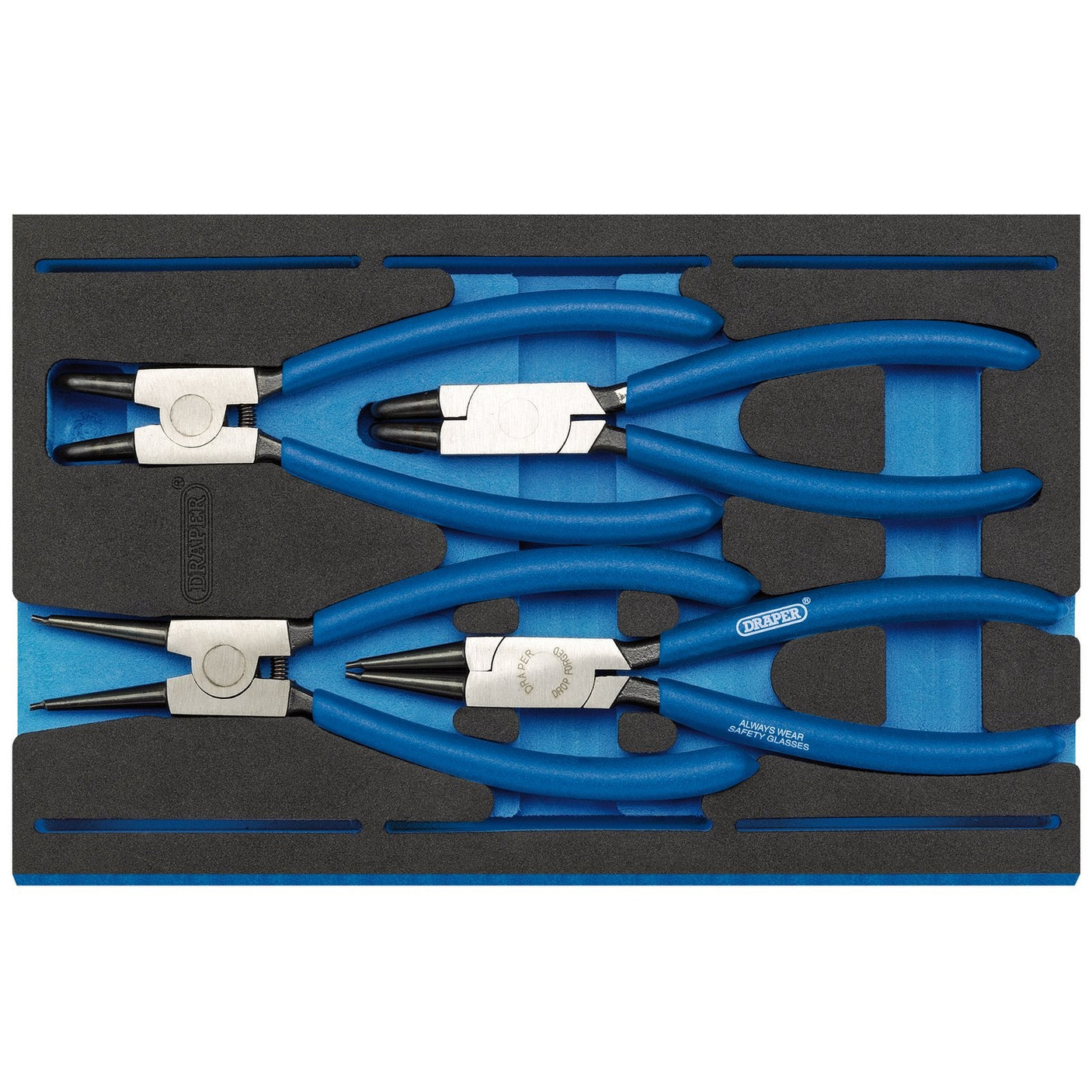 The Draper Circlip Plier Set In 1/4 Drawer Eva Insert Tray (4 Piece) - IT-EVA5 features a set of four blue-handled, high carbon steel pliers neatly arranged in a black and blue foam tray insert.