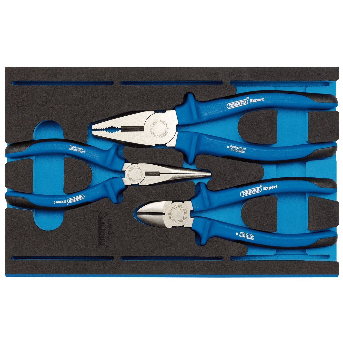 The Draper Heavy Duty Plier Set In 1/4 Drawer Eva Insert Tray (3 Piece) - IT-EVA6 includes a set of three pliers with blue handles, housed in a black foam organizer tray. Made from durable chrome vanadium steel, these pliers feature soft grip handles for comfortable use. The set comprises needle nose, diagonal cutting, and lineman's pliers.