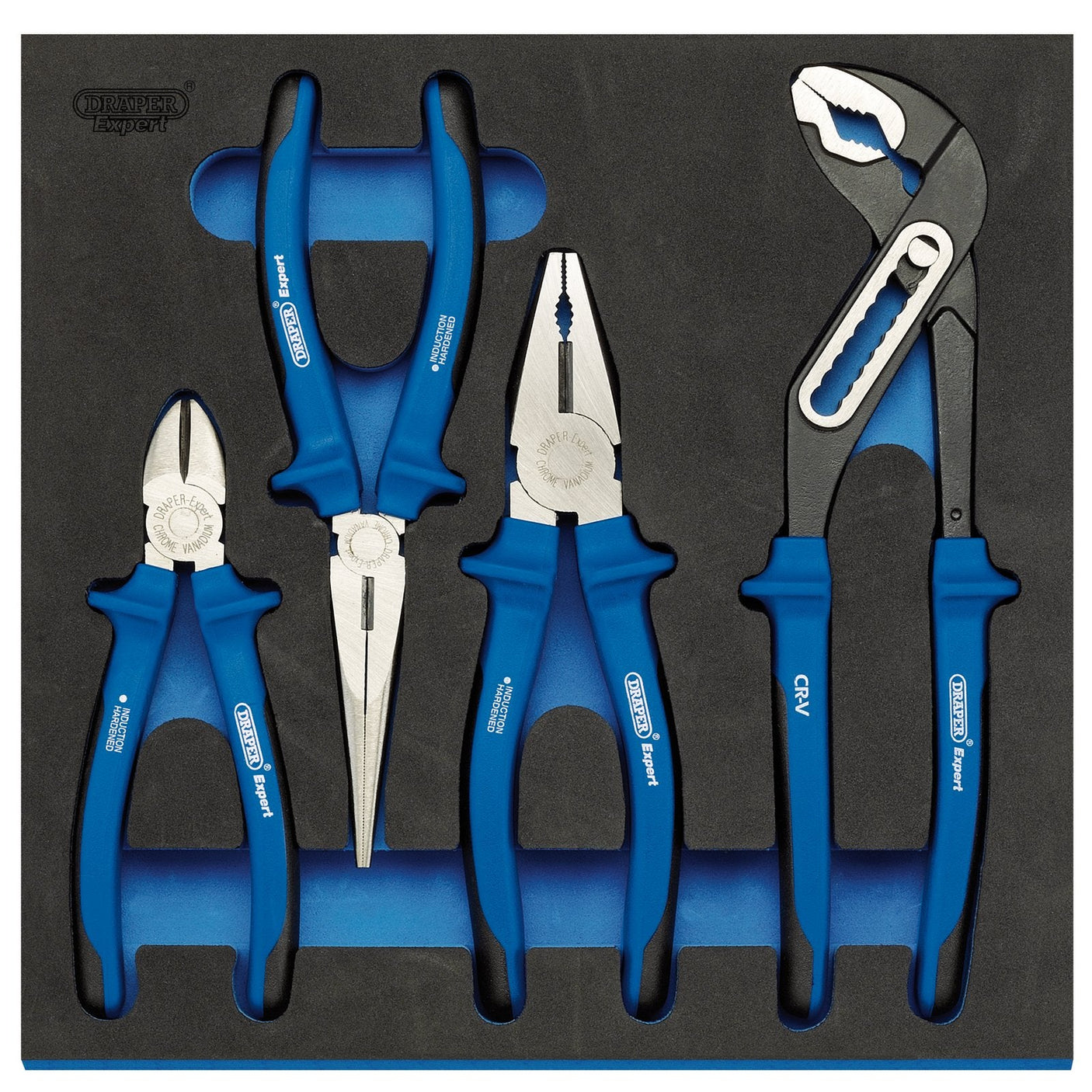 The Draper Heavy Duty Plier Set In 1/2 Drawer Eva Insert Tray (4 Piece) - IT-EVA7 features a foam tool organizer that securely holds four blue-handled pliers made from chrome vanadium steel: diagonal cutting pliers, needle-nose pliers, slip-joint pliers with multi-position adjustments, and water pump pliers.