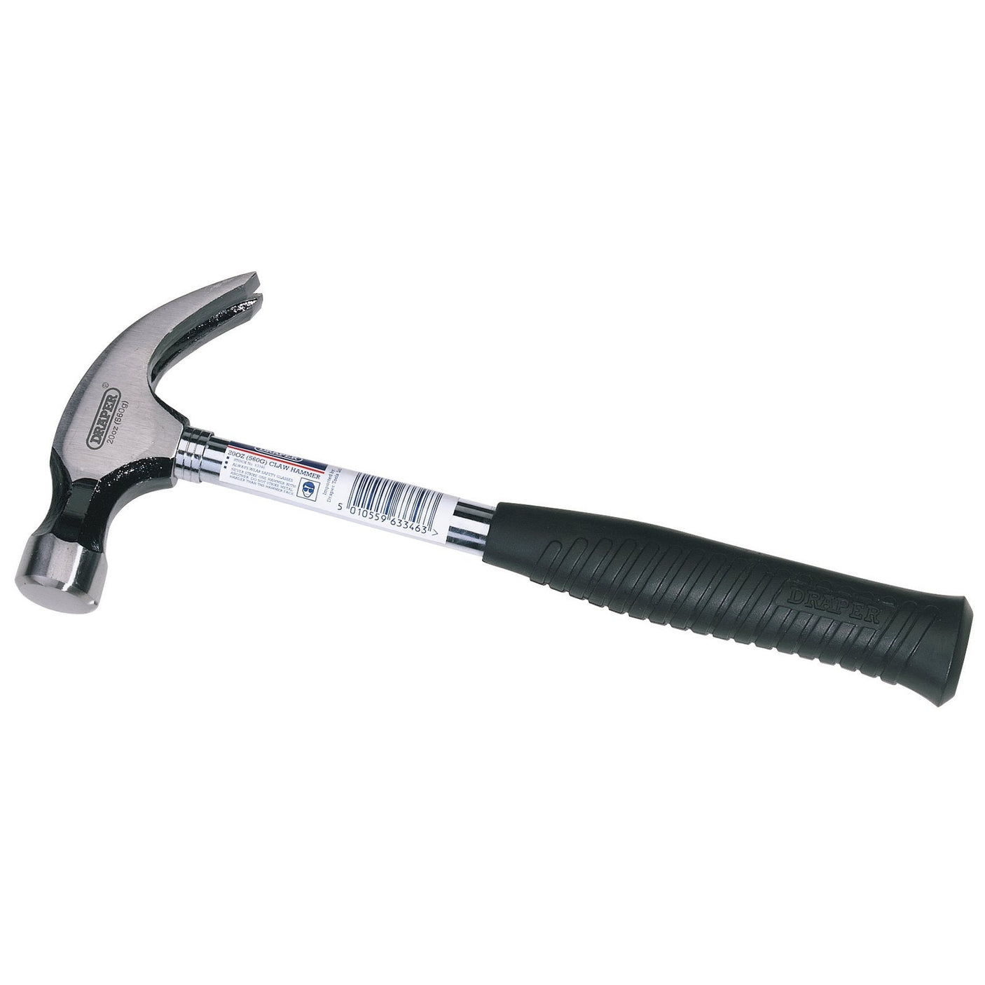 The Draper Tubular Shaft Claw Hammer, 560G/20Oz - 9001, is made from high carbon steel and features a claw for removing nails along with a black, shock-absorbing vinyl grip handle.