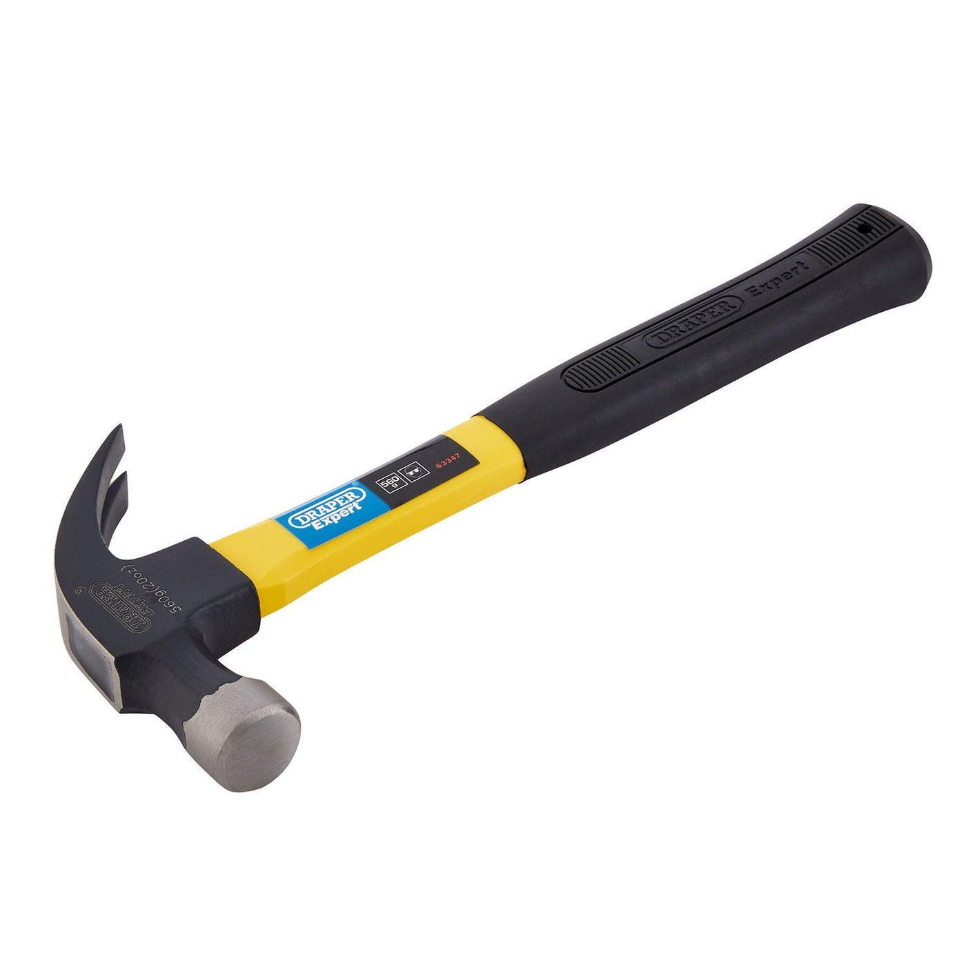 The Draper Fibreglass Shafted Claw Hammer, 560G/20Oz - FG1A by Draper features a yellow and black handle and a high carbon steel metal head. It includes a built-in nail puller on the claw side and boasts a polished face for smooth striking.