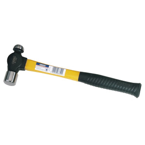 A Draper Expert Ball Pein Hammer with a yellow fibreglass shaft, shock-absorbing black rubber grip, and a dual-faced high carbon steel head, weighing 680g/24oz.