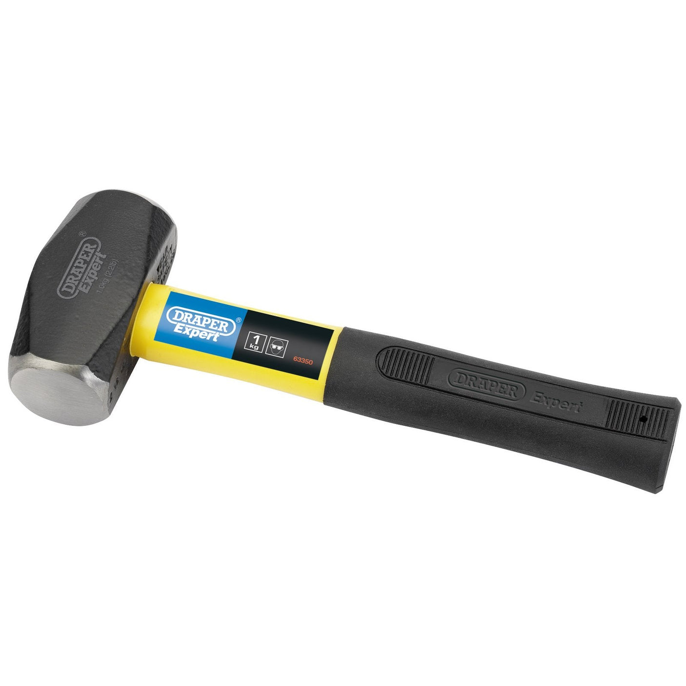 The Draper Expert Fibreglass Shaft Club Hammer, 1Kg/2.2Lb - FG3A, features a black high carbon steel head and a yellow and black handle with a fibreglass core shaft, ensuring durability. The shock-absorbing grip offers maximum comfort during use.