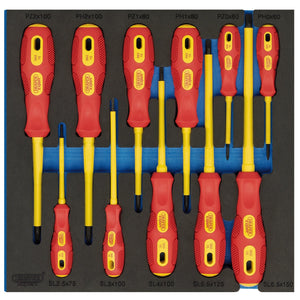 A set of 11 Draper Expert Quality VDE screwdrivers, designated as model IT-EVA13, constructed with chrome vanadium steel blades and featuring red and yellow insulated ergonomic handles. These screwdrivers are neatly organized in a foam tray and come in varying sizes with both slotted and Phillips heads.