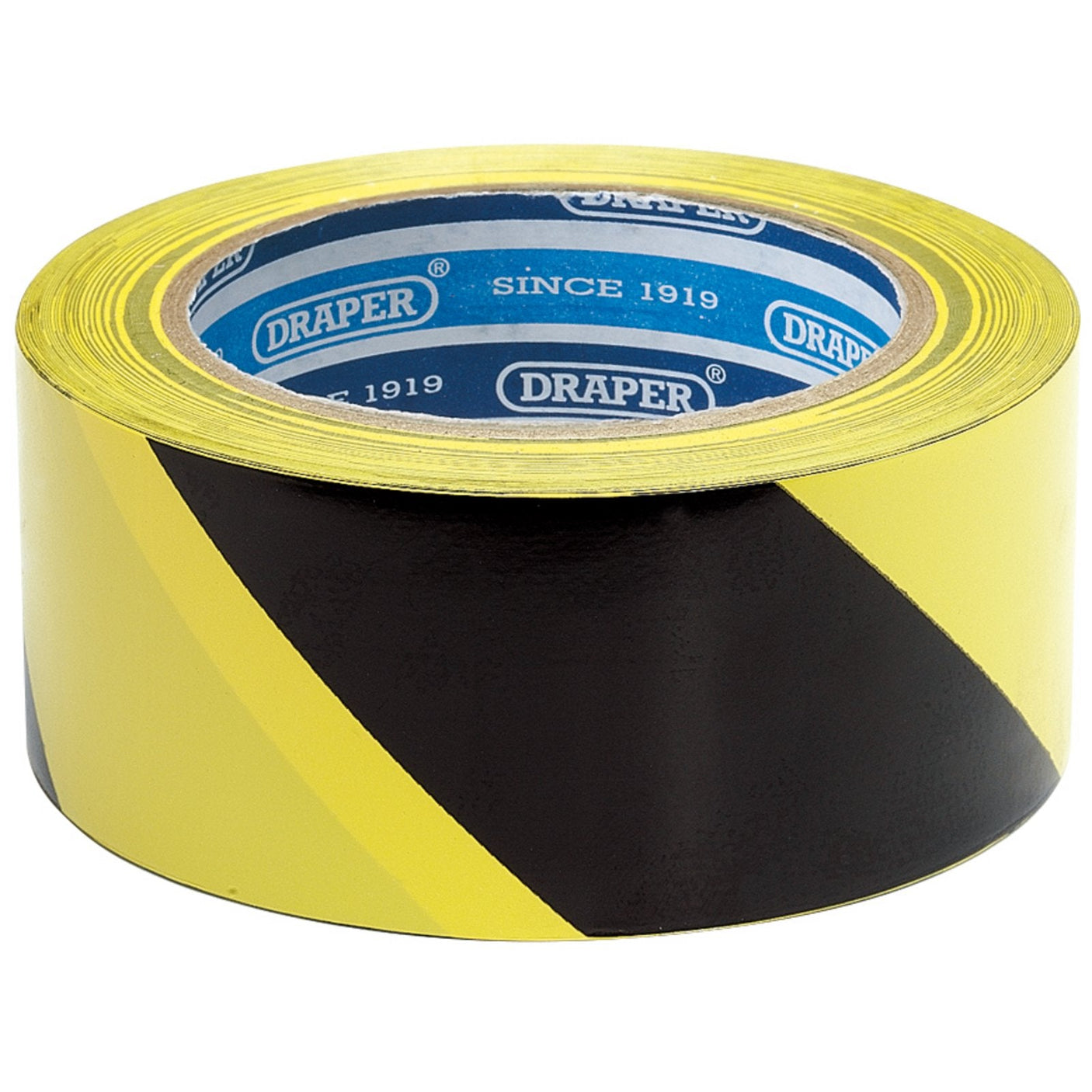 The Draper Adhesive Hazard Tape Roll, 33M X 50mm, Black And Yellow - TP-HAZ is a self-adhesive PVC tape with alternating yellow and black diagonal stripes, ideal for hazard marking and ensuring safety in various environments.