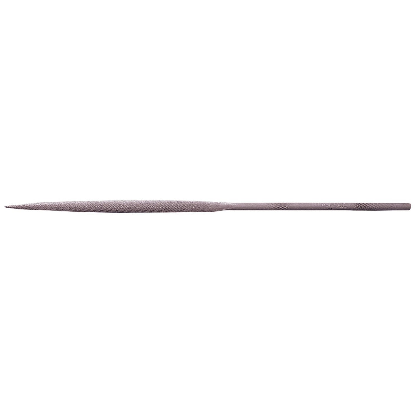 The Draper Half Round Second Cut Needle File (Box Of 12) - NF, by Draper, is a metal file featuring a tapered, pointed end and textured surface for smoothing and shaping materials, made from hardened and tempered high carbon/chrome steel.