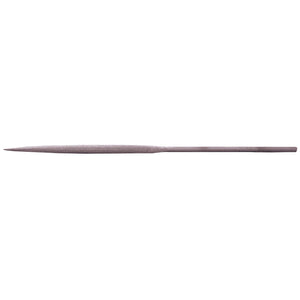 The Draper Half Round Second Cut Needle File (Box Of 12) - NF, by Draper, is a metal file featuring a tapered, pointed end and textured surface for smoothing and shaping materials, made from hardened and tempered high carbon/chrome steel.