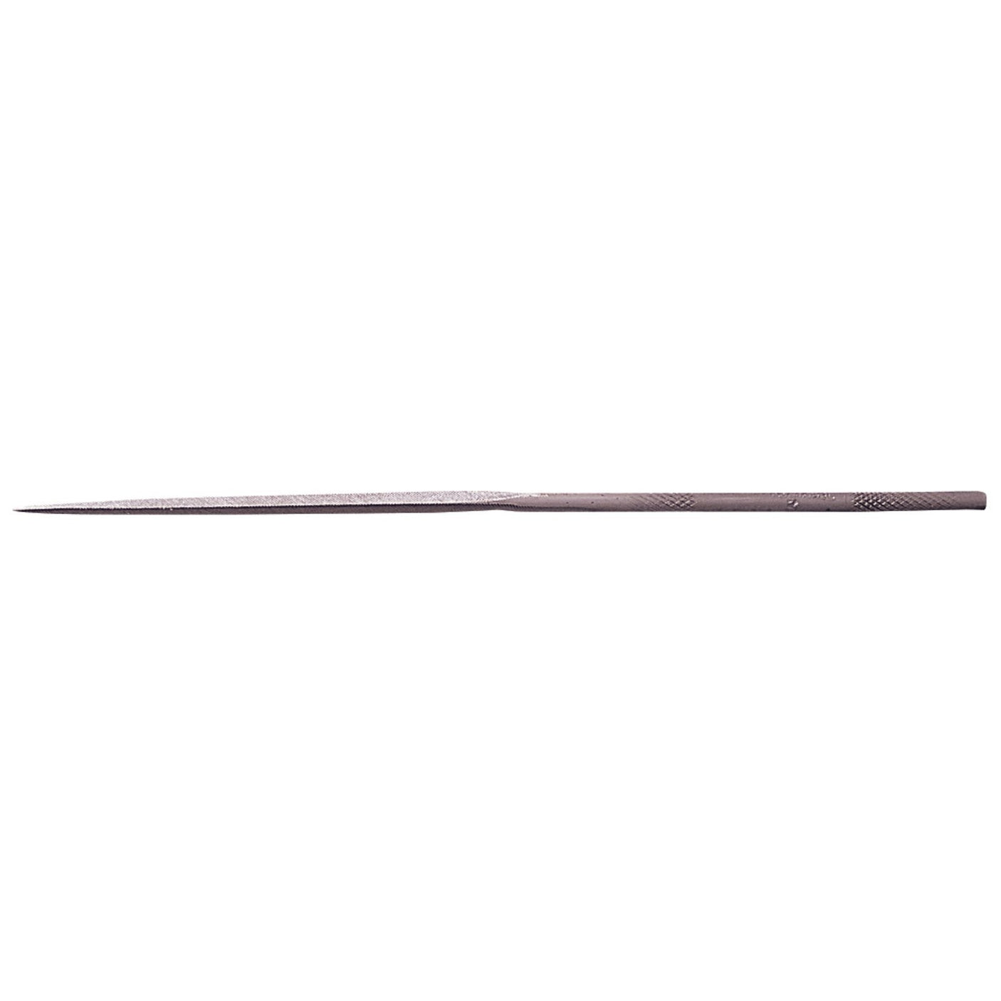 The Draper Three Square Second Cut Needle File (Box Of 12) - NF is a metal file crafted from hardened and tempered high carbon/chrome steel, featuring a pointed end and a textured surface, ideal for sharpening or smoothing materials.