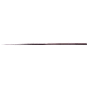 The Draper Three Square Second Cut Needle File (Box Of 12) - NF is a metal file crafted from hardened and tempered high carbon/chrome steel, featuring a pointed end and a textured surface, ideal for sharpening or smoothing materials.