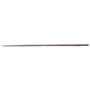 The Draper Three Square Second Cut Needle File (Box Of 12) - NF is a metal file crafted from hardened and tempered high carbon/chrome steel, featuring a pointed end and a textured surface, ideal for sharpening or smoothing materials.