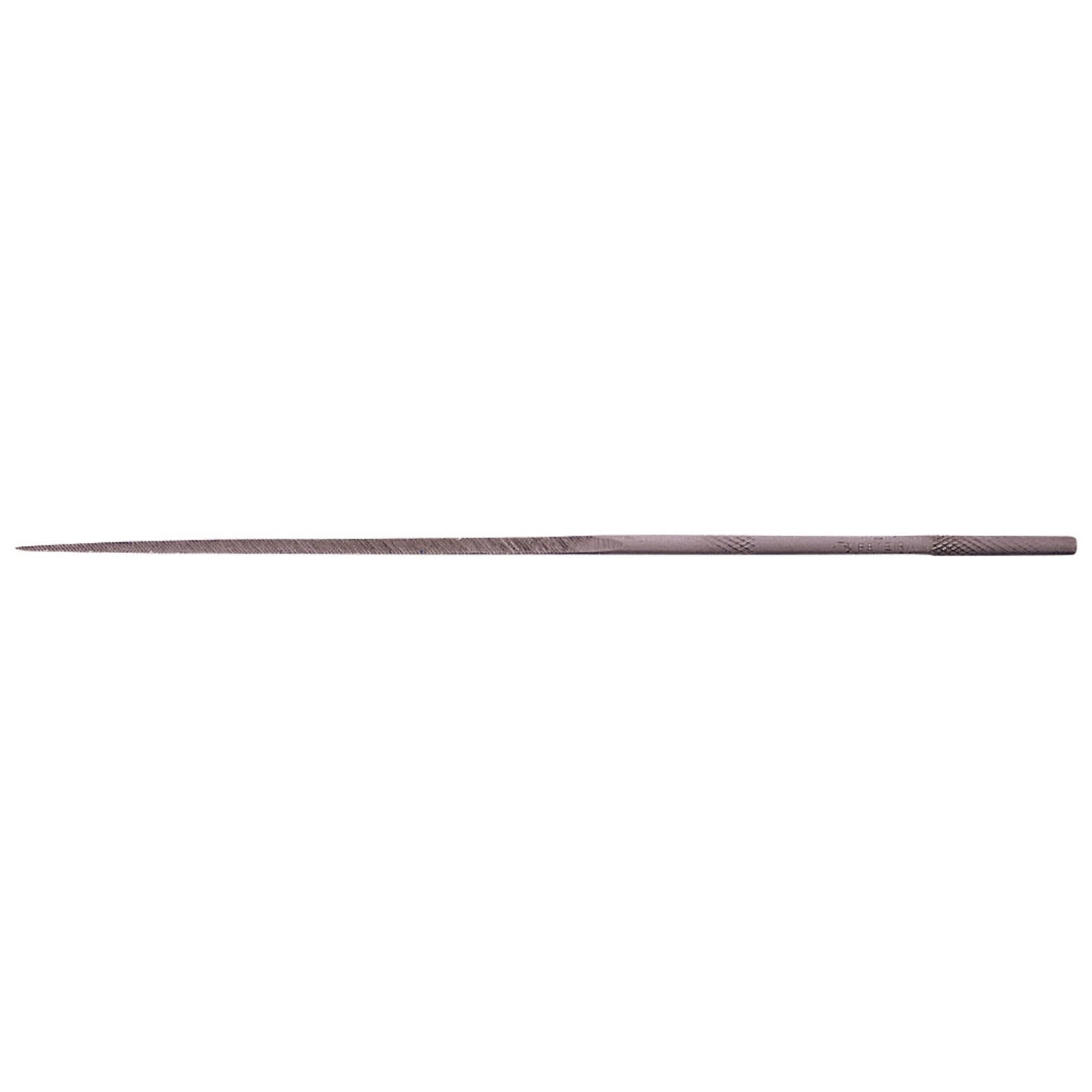 The Draper Square Second Cut Needle File (Box of 12) - NF is a slender, tapered tool crafted from hardened and tempered high carbon steel, featuring a fine rasp texture and a rectangular handle section.