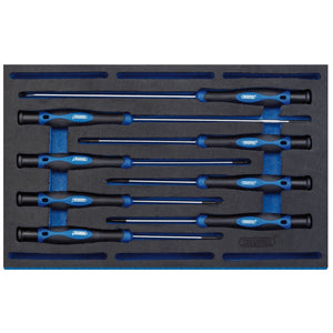 A set of eight precision screwdrivers with blue handles, crafted from chrome vanadium steel, neatly arranged in a black foam tray. The set is known as the Draper Extra Long Precision Screwdriver Set In 1/4 Drawer Eva Insert Tray (IT-EVA14).