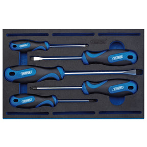The Draper Soft Grip Screwdriver Set In 1/4 Drawer Eva Insert Tray (5 Piece) - IT-EVA15, featuring five chrome vanadium steel screwdrivers with blue and black soft grip handles, is neatly arranged in a foam organizer.