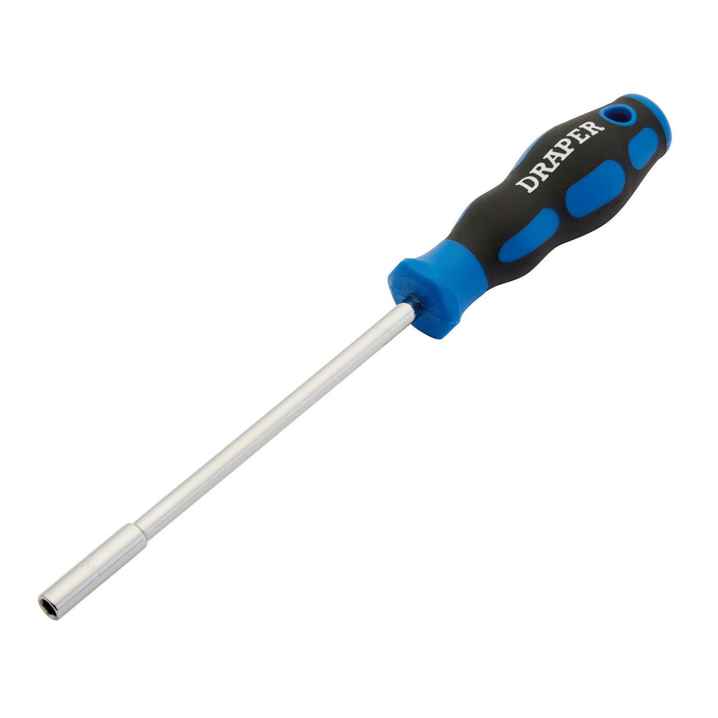 A Draper Soft-Grip Nut Spinner, 5mm - 865/NS featuring a blue and black ergonomic handle marked "DRAPER" and a long, durable metal shaft made of chrome vanadium steel.