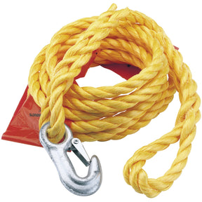The Draper Tow Rope With Flag, 2000Kg - TR2000, coiled and yellow for high visibility, features a zinc-plated safety hook at one end and rests on a red background.
