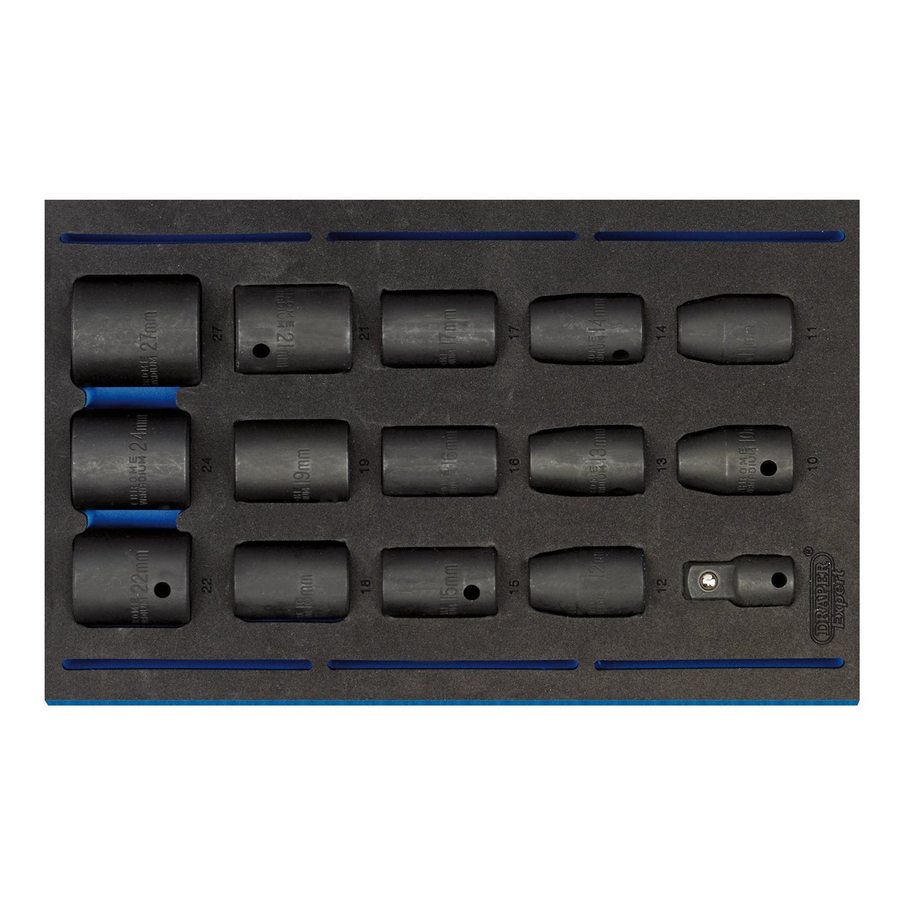 The **Draper Impact Socket Set In 1/4 Drawer Eva Insert Tray, 1/2" Sq. Dr. (15 Piece) - IT-EVA18** includes fifteen durable chrome vanadium steel black six-point sockets of varying sizes, neatly organized in two rows. Perfect for tool chests.