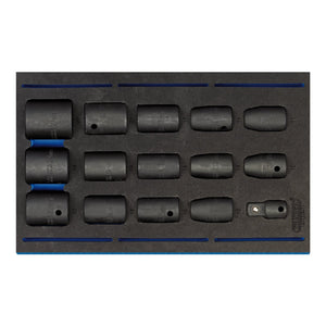 The **Draper Impact Socket Set In 1/4 Drawer Eva Insert Tray, 1/2" Sq. Dr. (15 Piece) - IT-EVA18** includes fifteen durable chrome vanadium steel black six-point sockets of varying sizes, neatly organized in two rows. Perfect for tool chests.