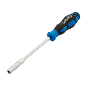 The Draper Soft-Grip Nut Spinner, 6mm - 865/NS, features a hexagonal nut driver head and a blue and black ergonomic soft grip handle labeled "Draper," made of durable chrome vanadium steel.