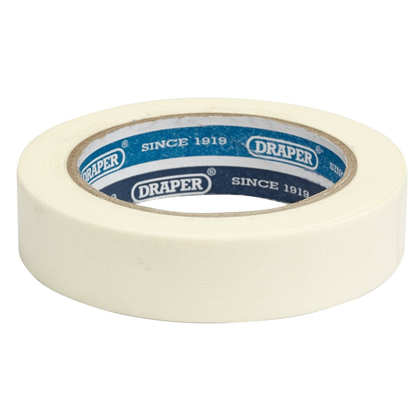 The Draper Masking Tape Roll, 50M X 25mm - TP-MASK, features a white paper surface and a blue inner label marked "SINCE 1919." It offers an easy tear and clean peel for convenient use.