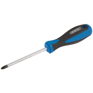 A Draper Cross Slot Screwdriver, No.2 X 100mm - 976 with a black and blue soft grip handle and a metal shaft made from durable chrome vanadium steel.