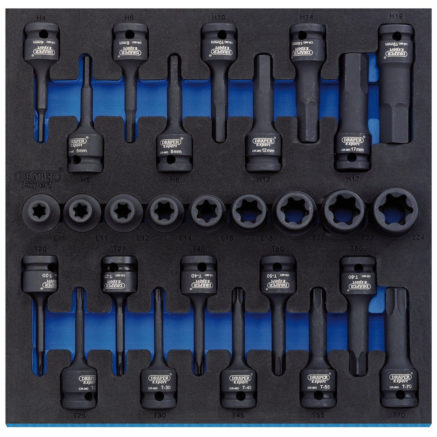 The Draper Tx-Star® Impact & Hex Socket Set In 1/2 Drawer Eva Insert Tray, 1/2" Sq. Dr. (28 Piece) - IT-EVA22 features socket wrench bits constructed from durable chrome molybdenum steel, meticulously organized in a foam insert tray with each bit clearly labeled by size. This 28-piece set includes a variety of bits neatly arranged in rows against a striking blue background, making it an ideal addition to your Draper tool chests.