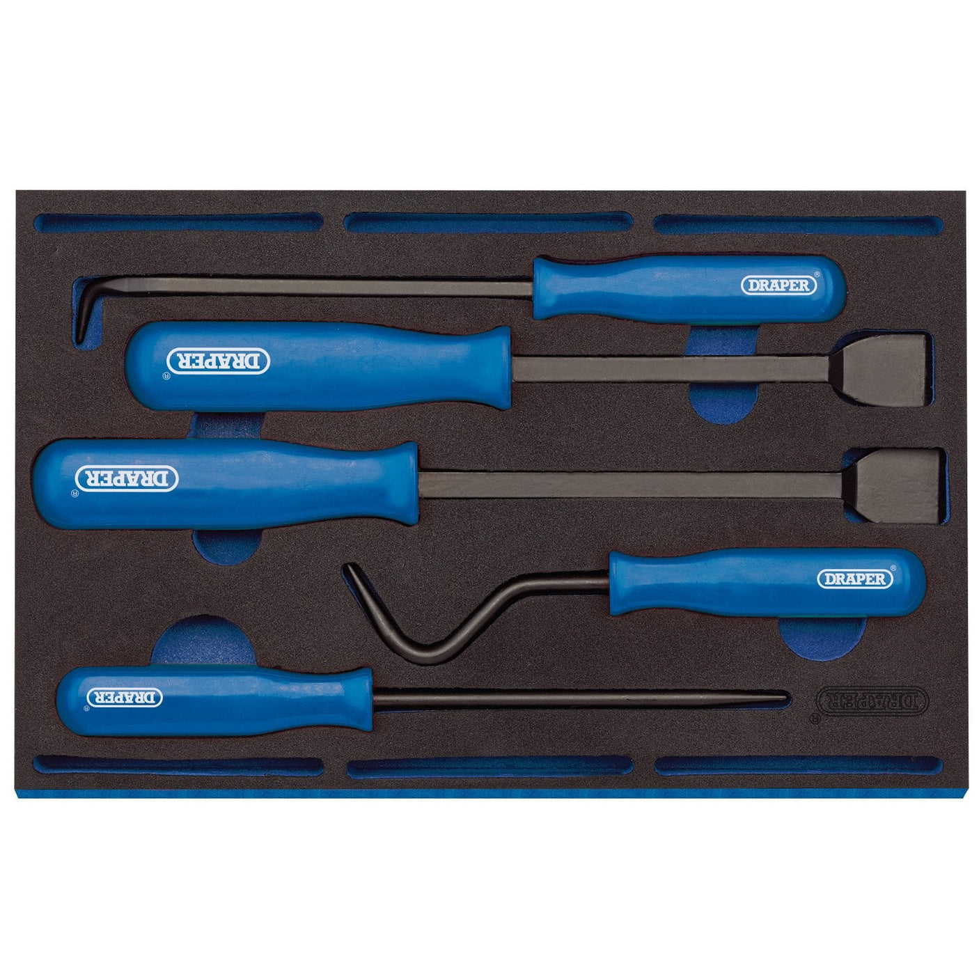 A set of five Draper Scraper and Remover tools with blue handles, made from carbon steel, neatly arranged in a black EVA foam tray, part number IT-EVA24.