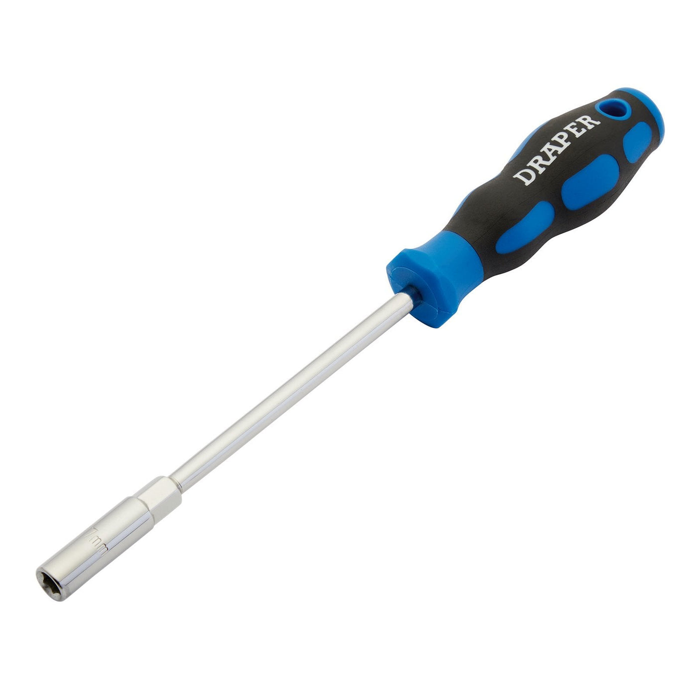 The Draper Soft-Grip Nut Spinner, 7mm - 865/NS features a black and blue soft-grip handle, a chrome vanadium steel shaft, and a hex base socket on the end.