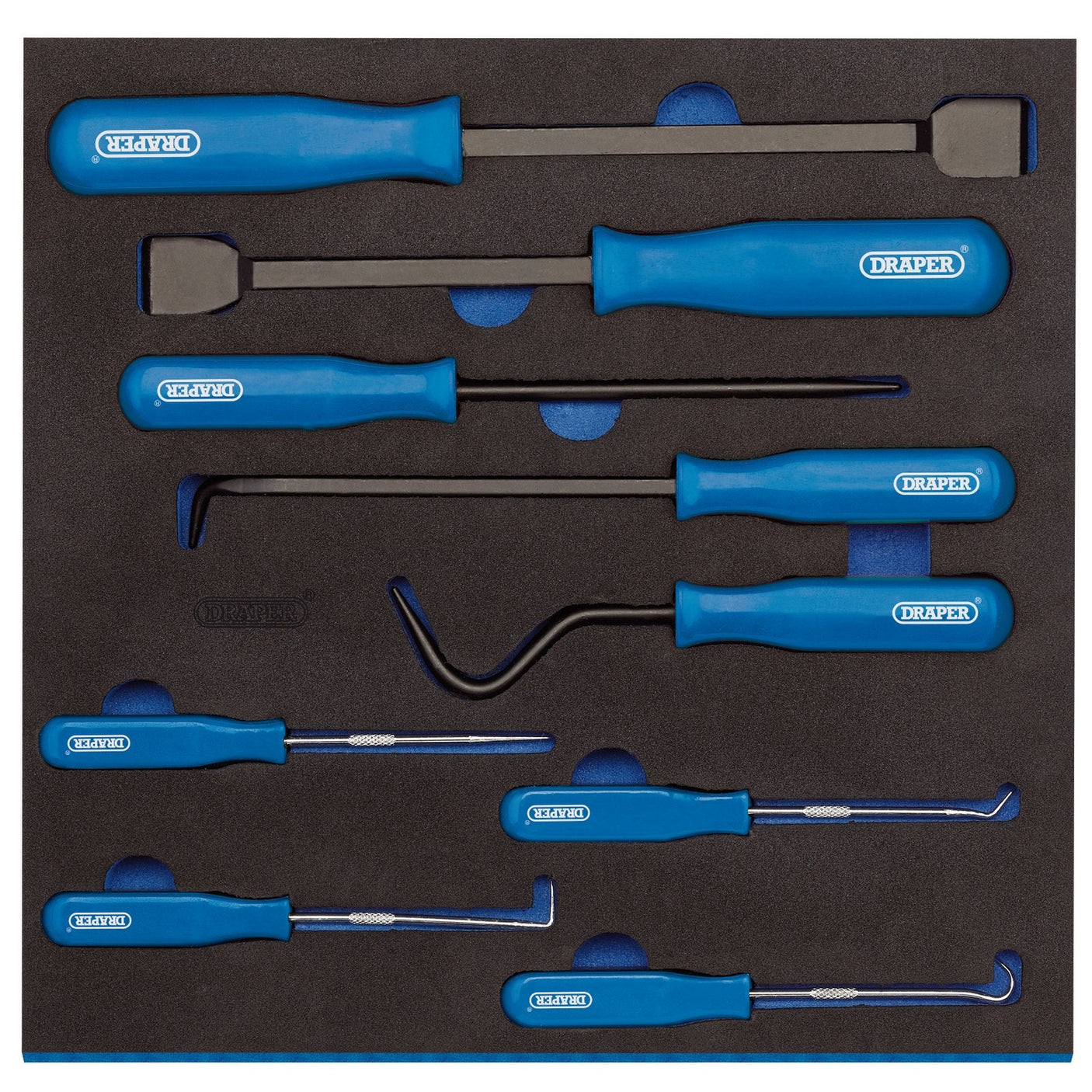 A set of nine Draper scraper, hook, and pick tools with blue handles, crafted from durable carbon steel and neatly organized in a foam tray (product IT-EVA25).