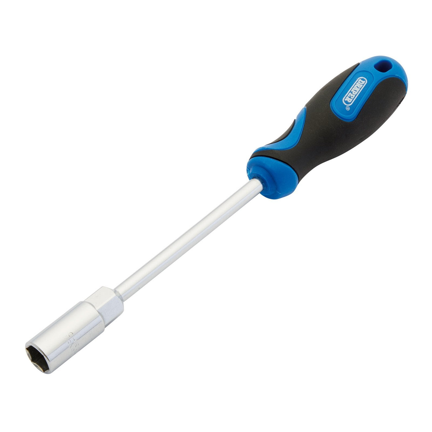 The Draper Soft-Grip Nut Spinner, 13mm - 865/NS, features a blue and black handle with a Chrome vanadium steel shaft, hex socket head, and soft grip handles.