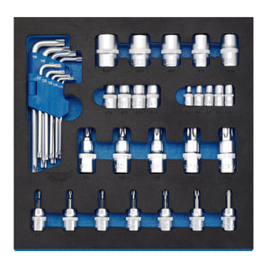 A neatly arranged set of Draper blue T-handle hex keys, chrome vanadium steel socket bits, and various metal socket wrenches, all secured in a foam organizer tray as part of the Draper Tx-Star® Screwdriver Insert Bits And Keys In 1/2 Drawer Eva Insert Tray (35 Piece) - IT-EVA28.