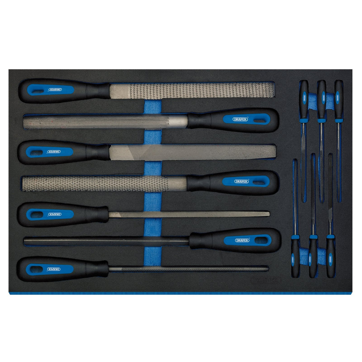 The Draper Hand File Set In 3/4 Drawer Eva Insert Tray (13 Piece) - IT-EVA29, featuring blue and black soft grip handles, is neatly arranged in a foam organizer, making it perfect for tool chests.