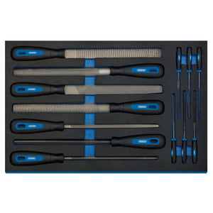 The Draper Hand File Set In 3/4 Drawer Eva Insert Tray (13 Piece) - IT-EVA29, featuring blue and black soft grip handles, is neatly arranged in a foam organizer, making it perfect for tool chests.