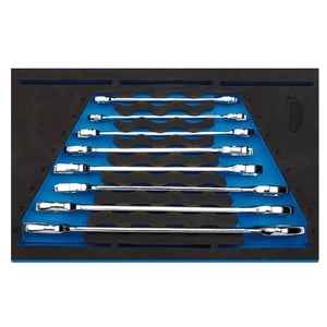 The Draper Open Ended Spanner Set, consisting of 8 pieces crafted from chrome vanadium steel, is neatly organized by size in an EVA insert tray designed to fit within a tool drawer.