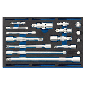 The Draper Extension Bar, Universal Joints And Socket Convertor Set 1/4 Drawer Eva Insert Tray (16 Piece) - IT-EVA44 features a foam tray that organizes various chrome vanadium steel socket extension bars, adapters, and universal joints in individual slots, making it perfect for adding to tool chests.