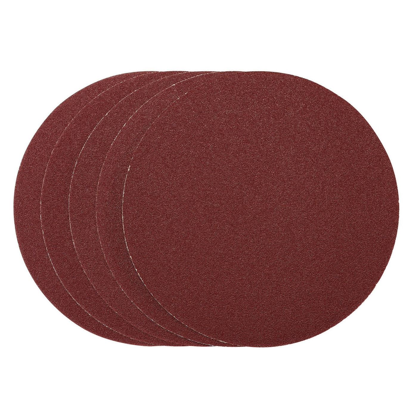 Five Draper Sanding Discs, each 305mm in diameter and featuring a reddish-brown aluminium oxide texture, are arranged in an overlapping pattern on a white background. These sanding discs come equipped with a reliable self-adhesive PSA backing for easy application.