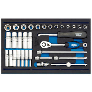 A meticulously arranged Draper Socket Set In 1/4 Drawer Eva Insert Tray, featuring an assortment of socket wrenches, extensions, and screwdrivers, all crafted from chrome vanadium steel and labeled under the "Draper" brand. This 32-piece set is neatly placed in a custom-fitted EVA foam tray, perfect for Draper tool chests.