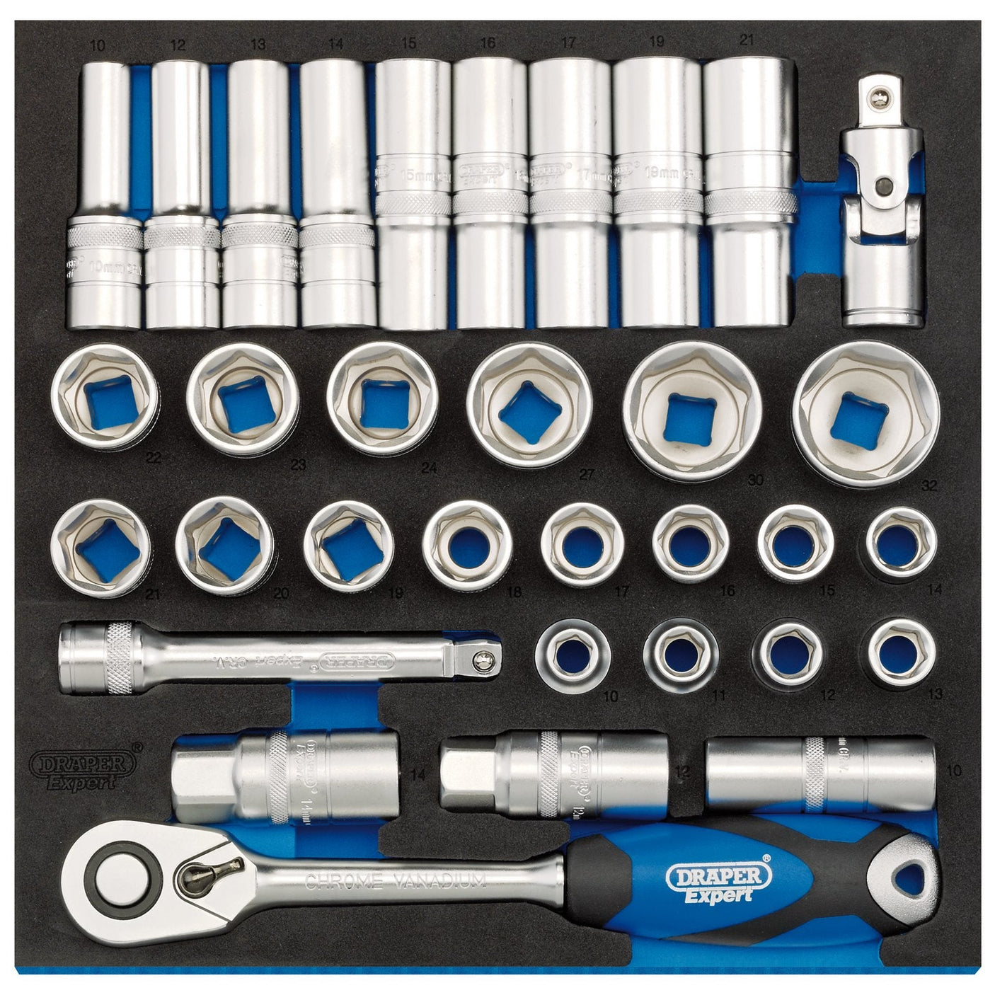 The Draper Socket Set In 1/2 Drawer Eva Insert Tray, 1/2" (33 Piece) - IT-EVA47, meticulously crafted from chrome vanadium steel, comes organized in a sleek black and blue foam case. It features an assortment of socket sizes, extension bars, and a reversible ratchet handle, making it an ideal addition to any tool chest.